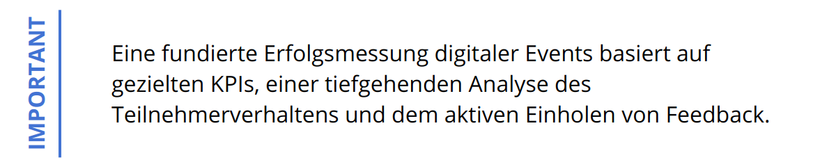 Important - Eine fundierte Erfolgsmessung digitaler Events basiert auf gezielten KPIs, einer tiefgehenden Analyse des Teilnehmerverhaltens und dem aktiven Einholen von Feedback.