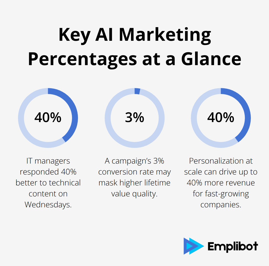 Infographic showing key AI marketing percentages: response lift, conversion rate context, and revenue impact from personalization. - ai marketing analytics