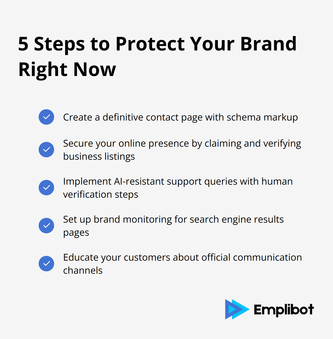 Checklist of five immediate steps to protect your brand from AI-generated scams