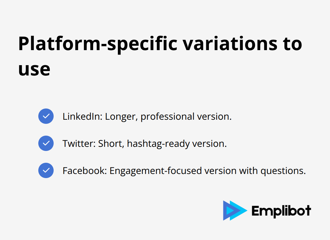 Checklist of LinkedIn, Twitter, and Facebook formatting for automated distribution