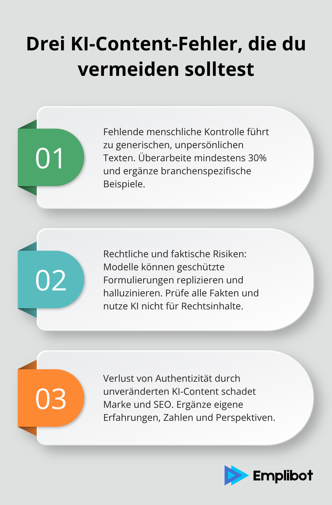 Geordnete Liste mit drei häufigen KI-Content-Fehlern - Content-KI