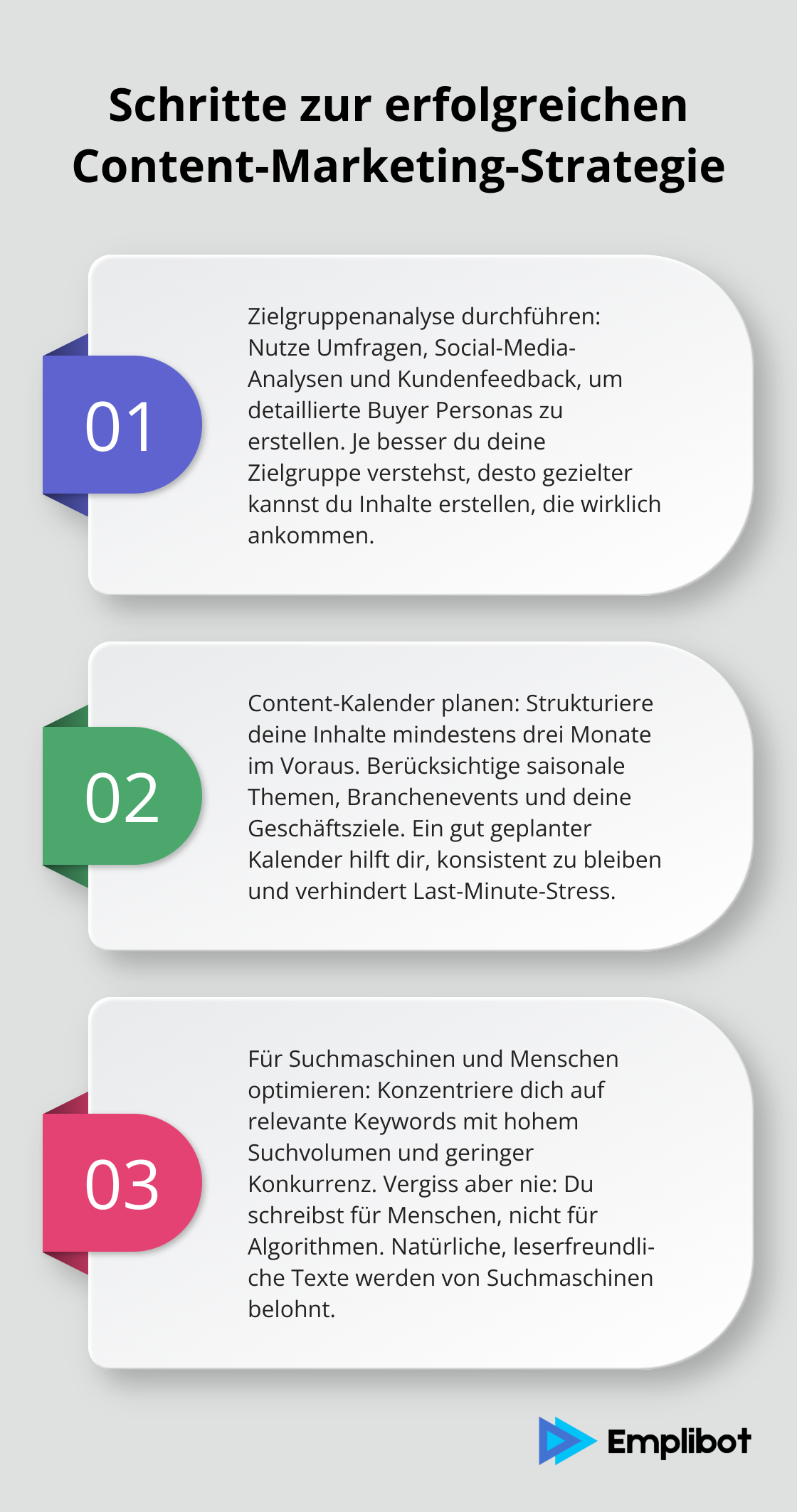 Drei wichtige Schritte für eine erfolgreiche Content-Marketing-Strategie: Zielgruppenanalyse, Content-Kalender-Planung und SEO-Optimierung. - Content Marketing