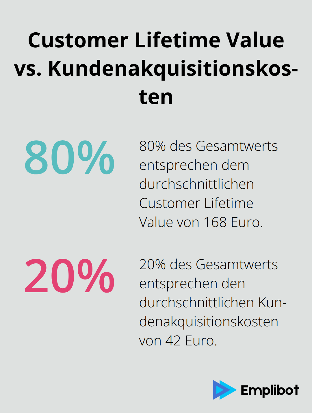 Diagramm zeigt das Verhältnis von Customer Lifetime Value (168 Euro) zu Kundenakquisitionskosten (42 Euro) bei E-Commerce-Unternehmen, was eine 4:1-Ratio darstellt. - Datengetriebenes Marketing
