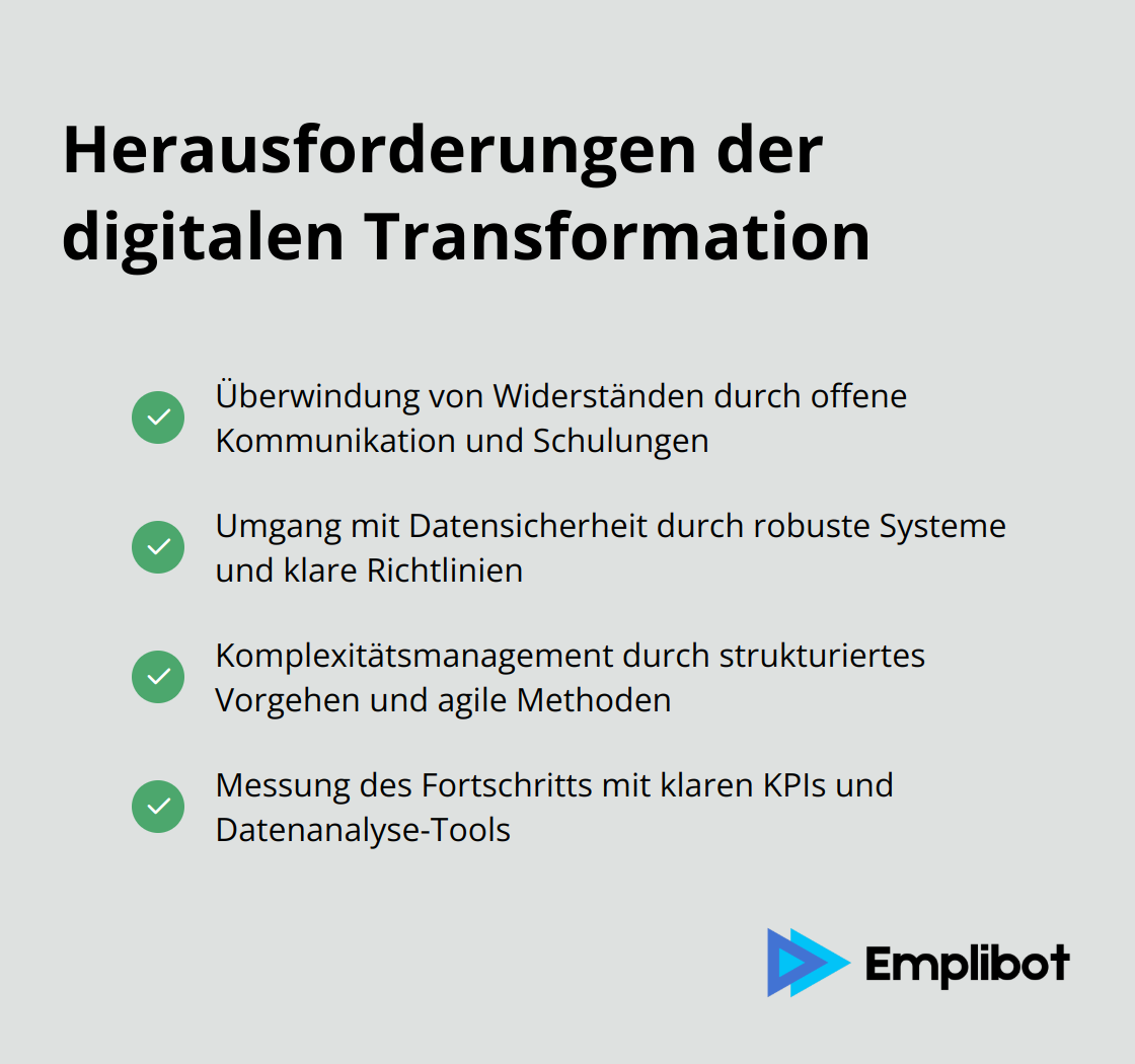 Eine Liste mit Häkchen, die vier Hauptherausforderungen der digitalen Transformation zeigt: Überwindung von Widerständen, Umgang mit Datensicherheit, Komplexitätsmanagement und Messung des Fortschritts. - digitale transformation