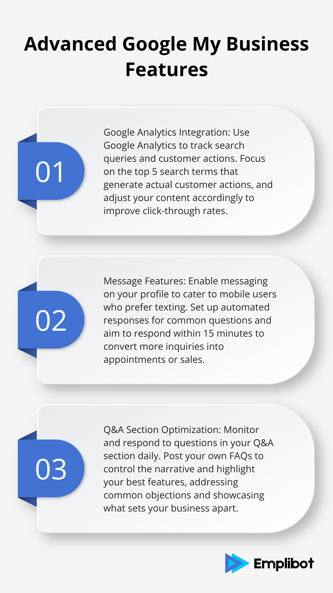 Ordered list chart highlighting three advanced features of Google My Business