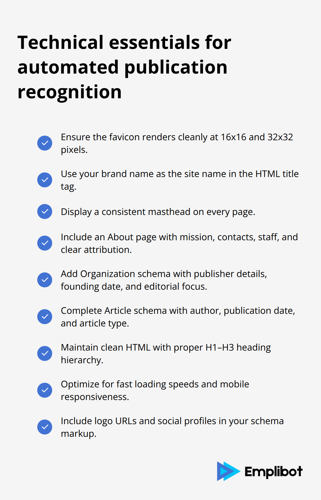 Checklist of required technical elements for Google News automated publication pages