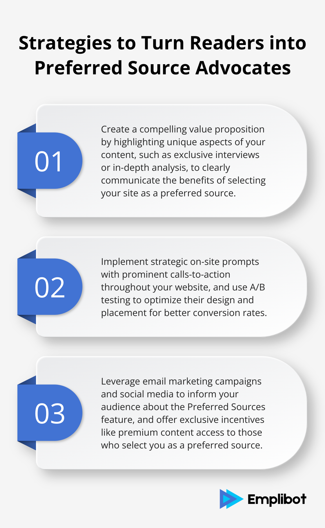 Ordered list chart showing three key strategies to encourage readers to select your site as a preferred source - google preferred sources