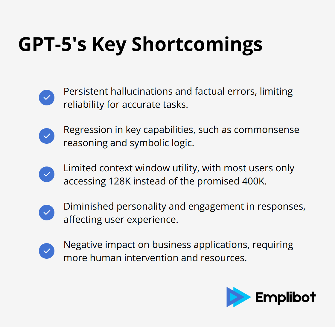 Checkmark list showing the main limitations and issues of GPT-5 - GPT-5 Overhyped