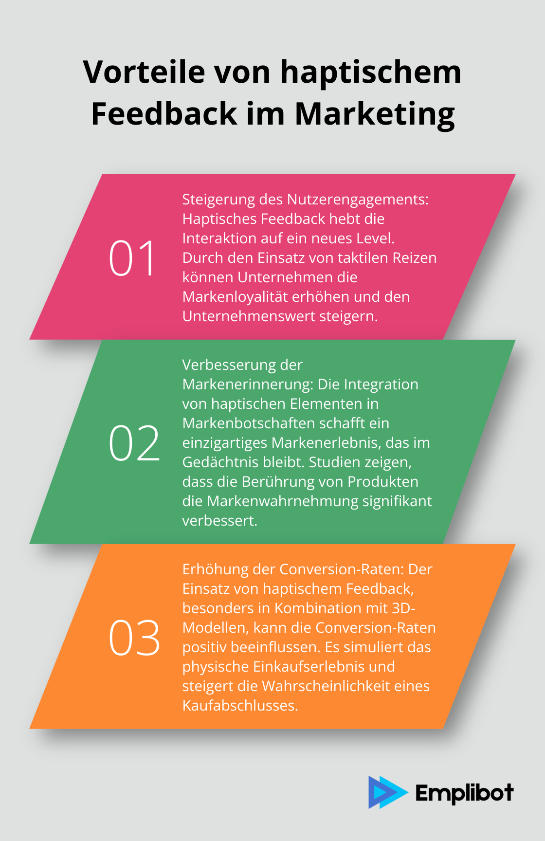 Eine geordnete Liste, die drei Hauptvorteile von haptischem Feedback im Marketing aufzeigt: Steigerung des Nutzerengagements, Verbesserung der Markenerinnerung und Erhöhung der Conversion-Raten. - Haptisches-Feedback