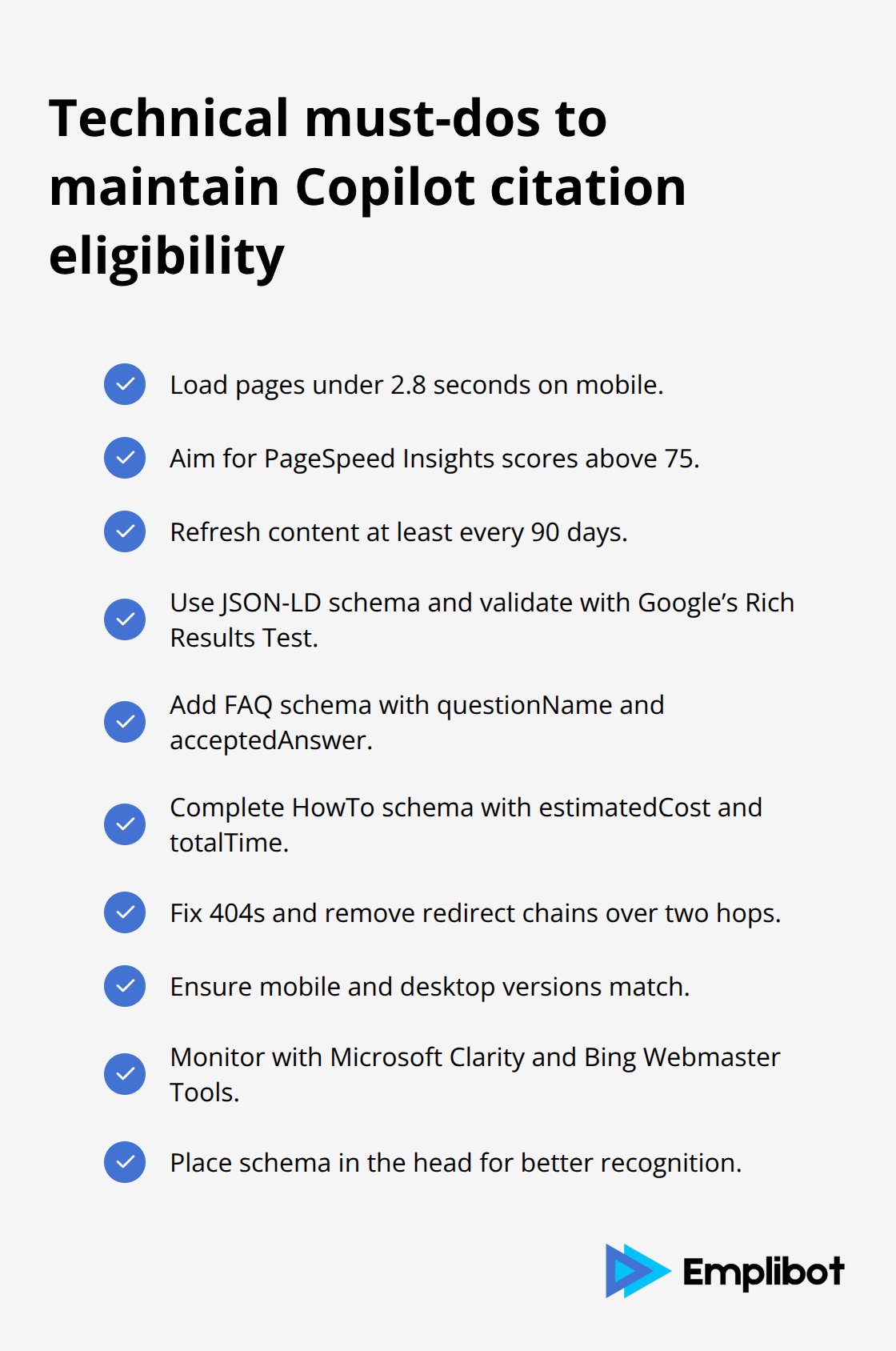 Checklist of technical standards to keep content eligible for Copilot citations.