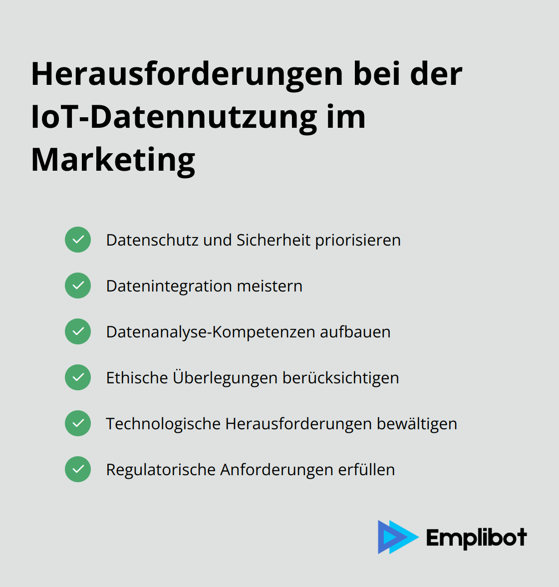 Infografik listet sechs Hauptherausforderungen bei der Nutzung von IoT-Daten im Marketing: Datenschutz und Sicherheit, Datenintegration, Datenanalyse-Kompetenzen, ethische Überlegungen, technologische Herausforderungen und regulatorische Anforderungen - IoT-Datennutzung