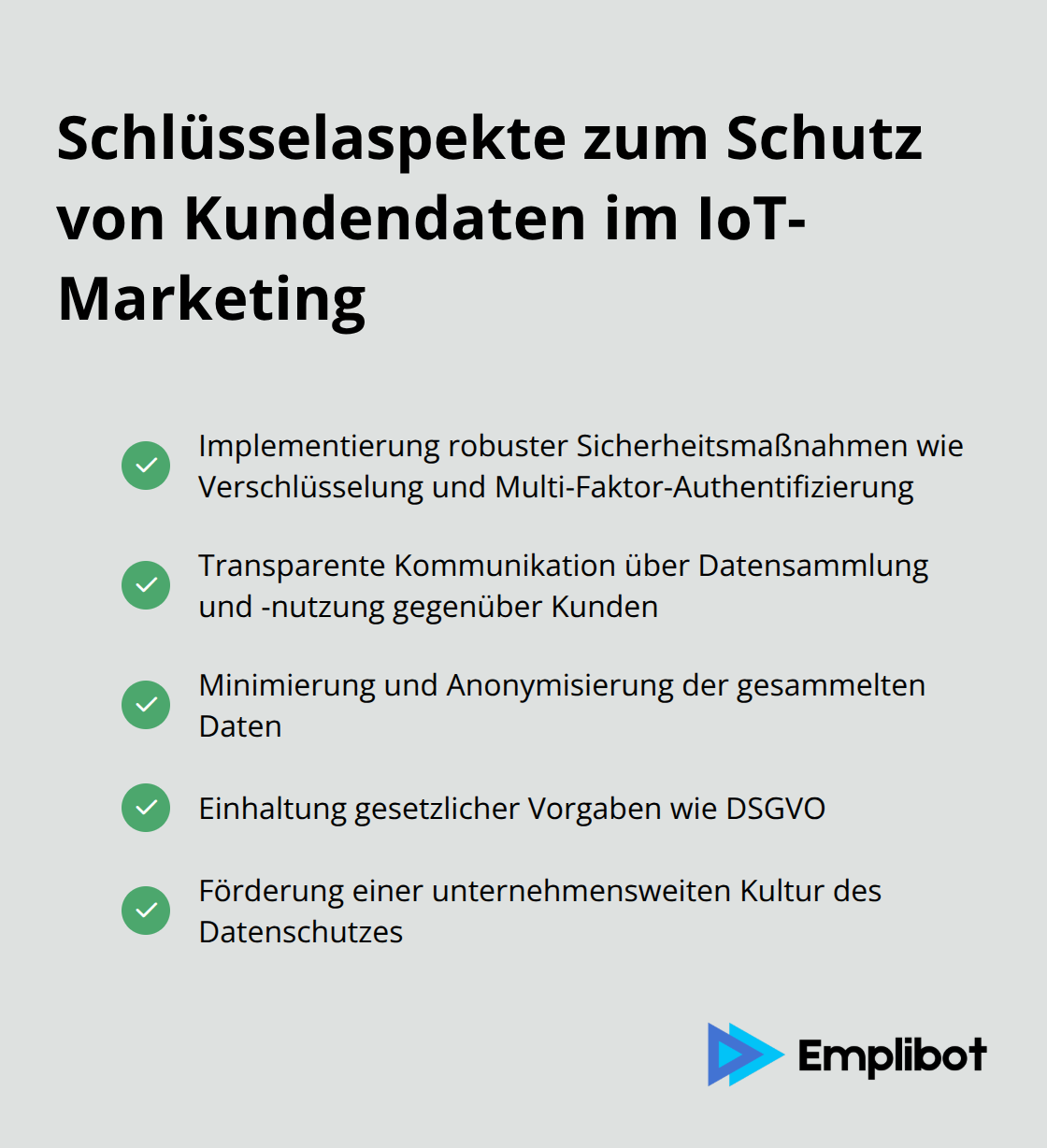 Kompakte Liste mit Checkmarks zeigt wichtige Aspekte zum Schutz von Kundendaten im IoT-Marketing