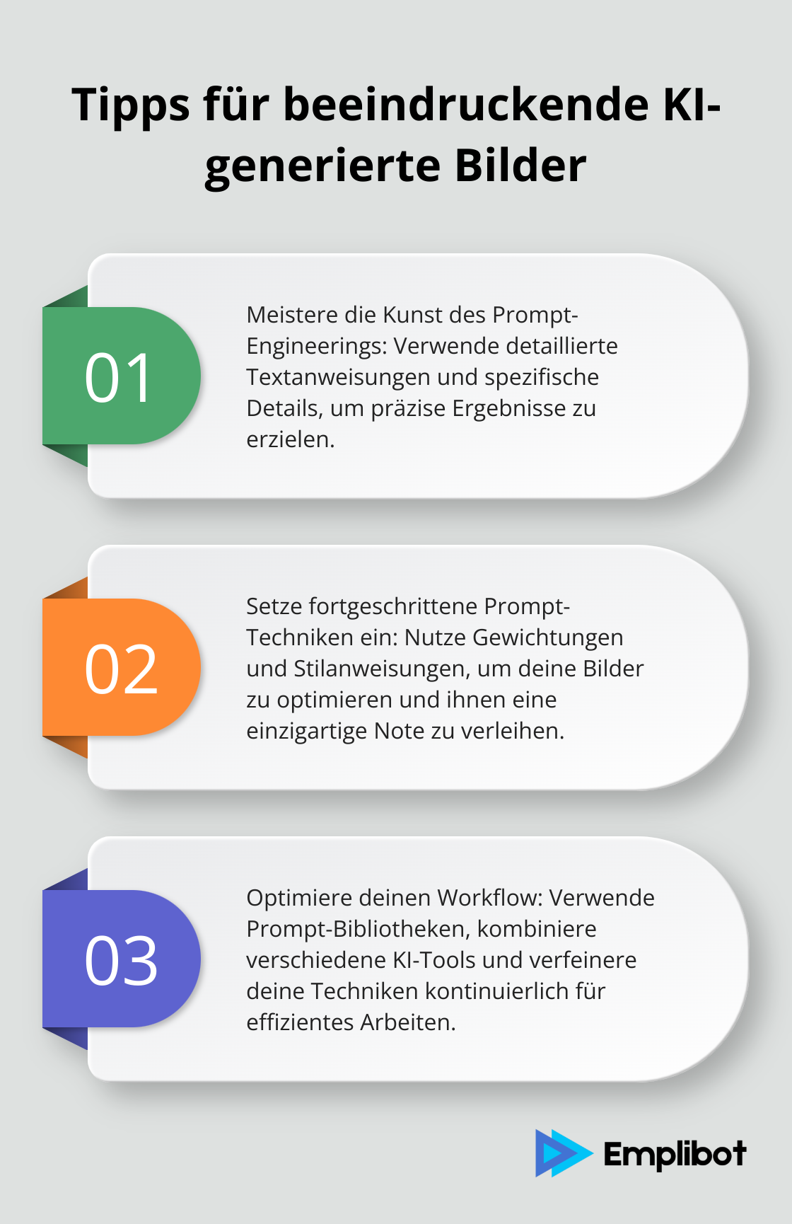 Infografik zeigt drei Haupttipps für die Erstellung beeindruckender KI-generierter Bilder: Prompt-Engineering, fortgeschrittene Prompt-Techniken und Workflow-Optimierung. - ki bilder erstellen