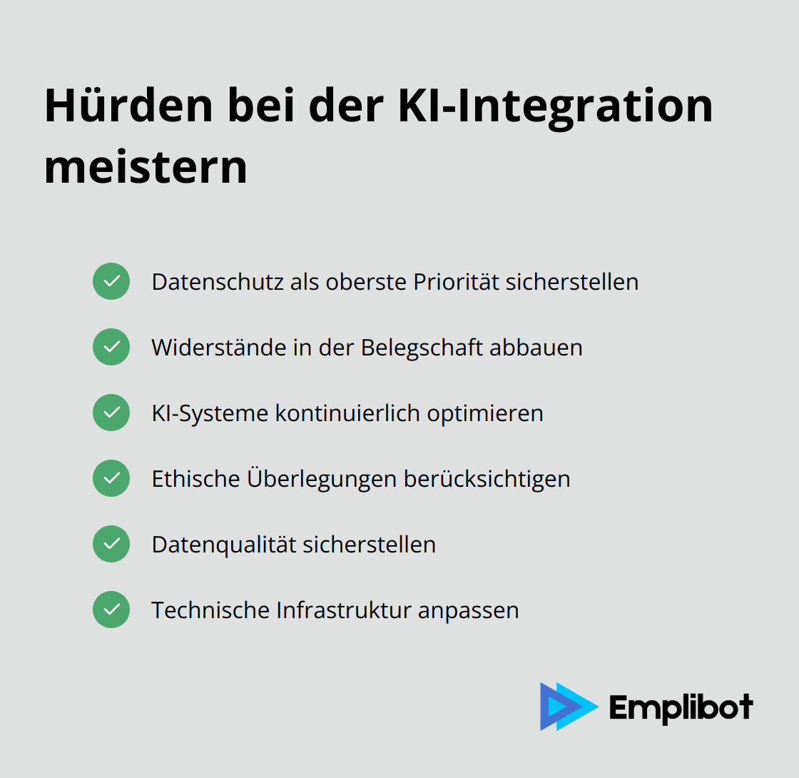 Eine Liste von sechs Hauptherausforderungen bei der KI-Integration: Datenschutz, Widerstände in der Belegschaft, kontinuierliche Optimierung, ethische Überlegungen, Datenqualität und technische Infrastruktur.