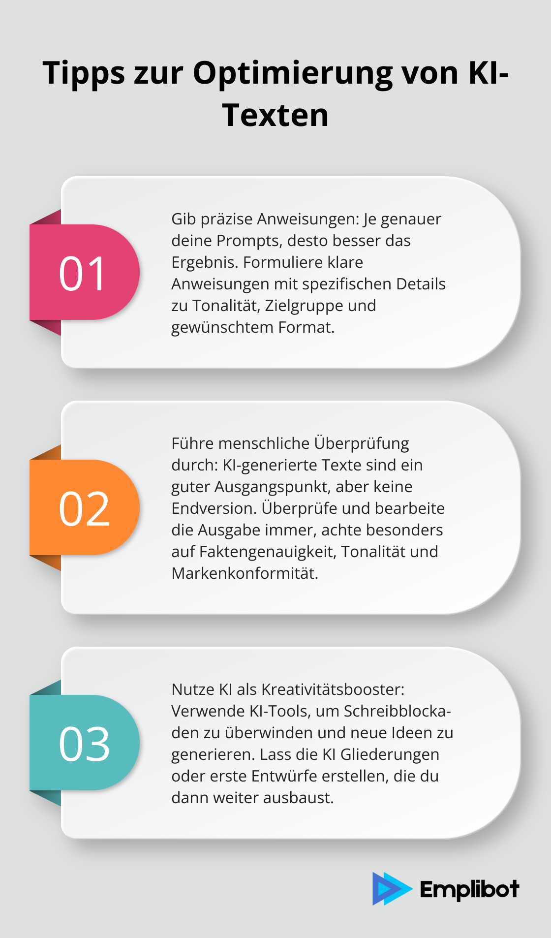 Infografik zeigt drei wichtige Tipps zur Optimierung von KI-generierten Texten: präzise Anweisungen geben, menschliche Überprüfung durchführen und KI als Kreativitätsbooster nutzen.