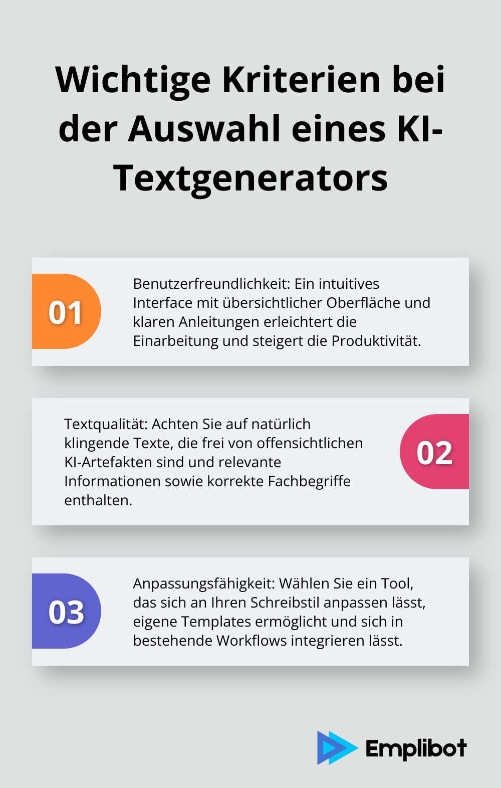 Eine geordnete Liste mit drei wichtigen Kriterien für die Auswahl eines KI-Textgenerators.