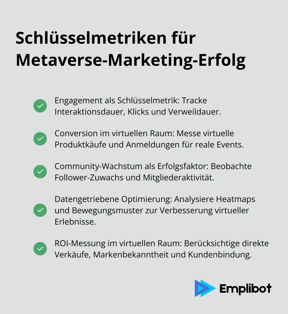 Checklistendiagramm zeigt die wichtigsten Metriken zur Erfolgsmessung im Metaverse-Marketing: Engagement, Conversion, Community-Wachstum, Datenanalyse und ROI-Messung. - Metaverse-Strategien