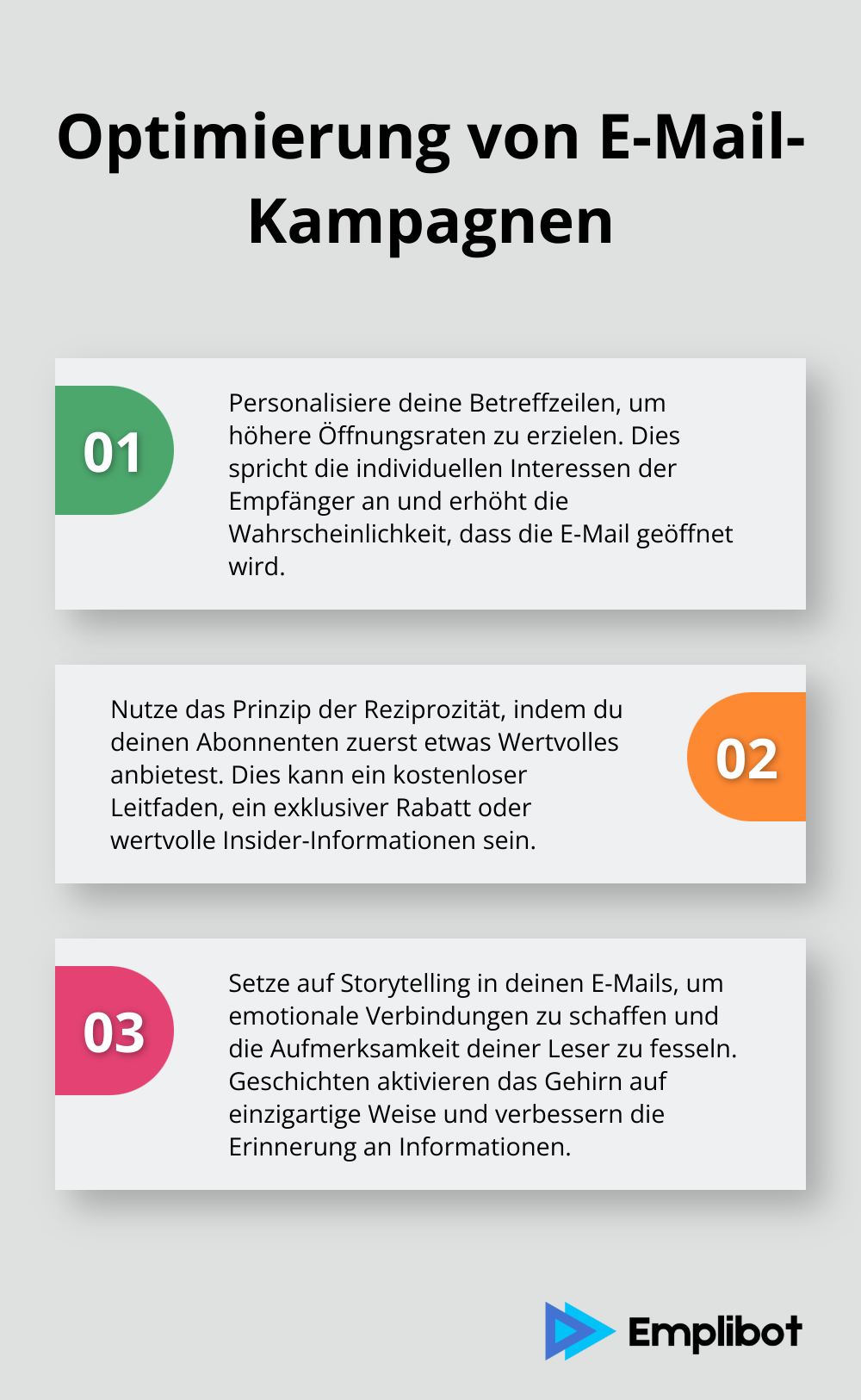 Geordnete Liste mit drei Punkten zur Optimierung von E-Mail-Kampagnen durch Neuromarketing-Prinzipien - Neuromarketing-Taktiken