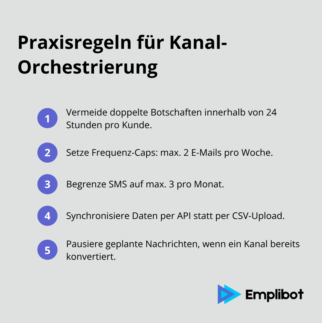 Kompakte Liste mit zentralen Regeln für die Orchestrierung von E-Mail, SMS und Social Media.