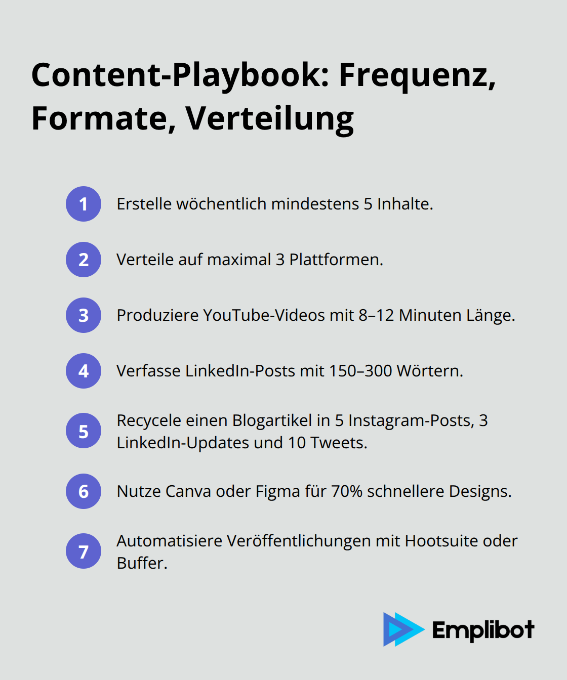 Kompakte Liste mit Kernempfehlungen für Content-Frequenz, Plattformwahl, Formatlängen, Recycling und Tools.