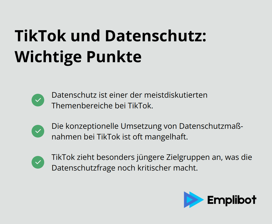 Eine kompakte Liste mit Checkmarks, die wichtige Punkte zu TikTok und Datenschutz hervorhebt.