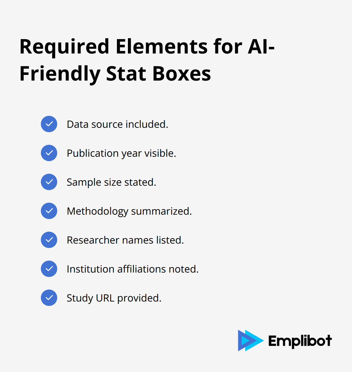 Checklist of metadata to include with statistics so AI can cite them reliably. - Optimize For Googles AI Only Search Tests