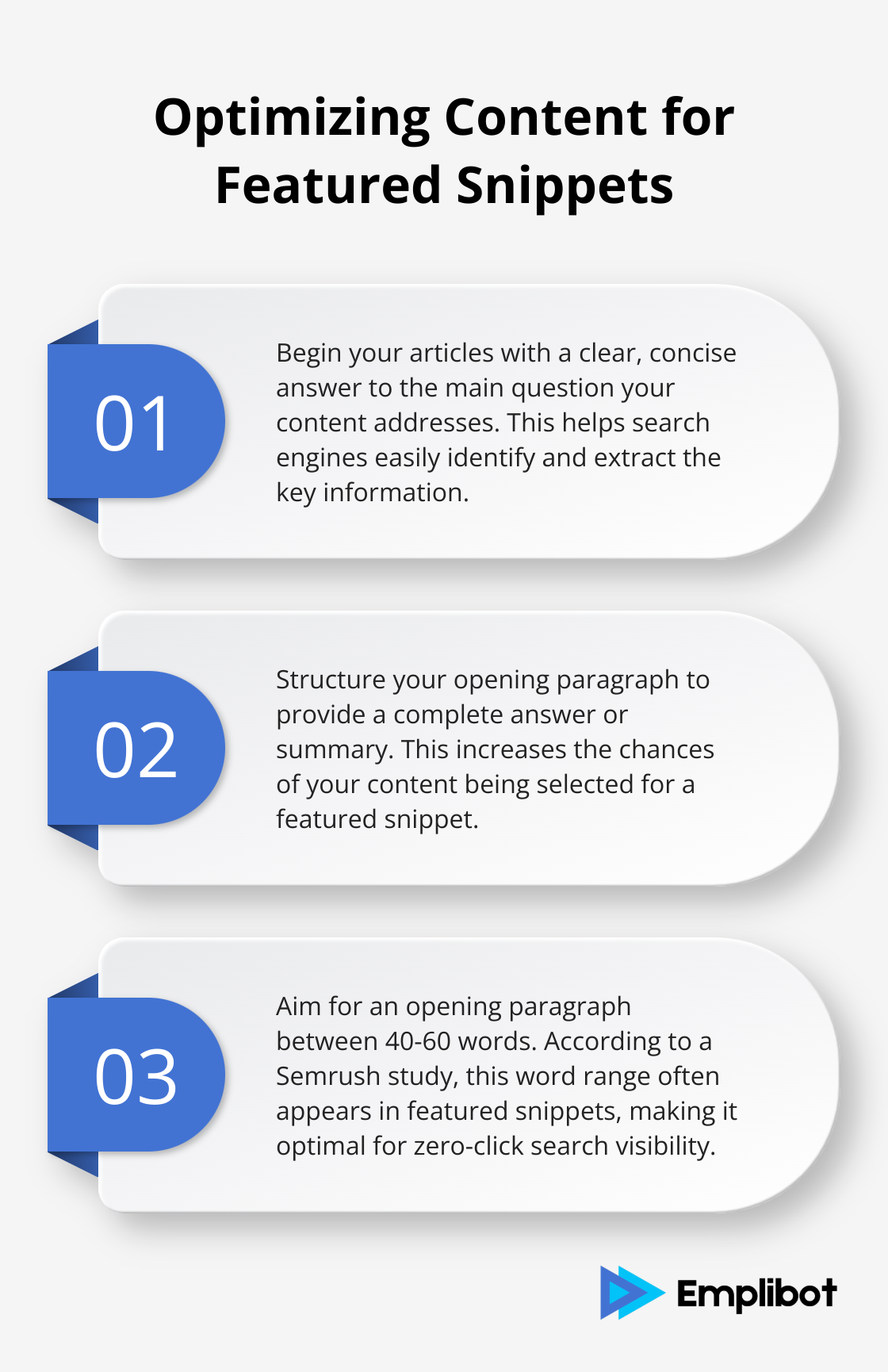 Three key steps to optimize content for featured snippets: clear answers, concise opening, and word count - Optimize for Zero-Click Searches