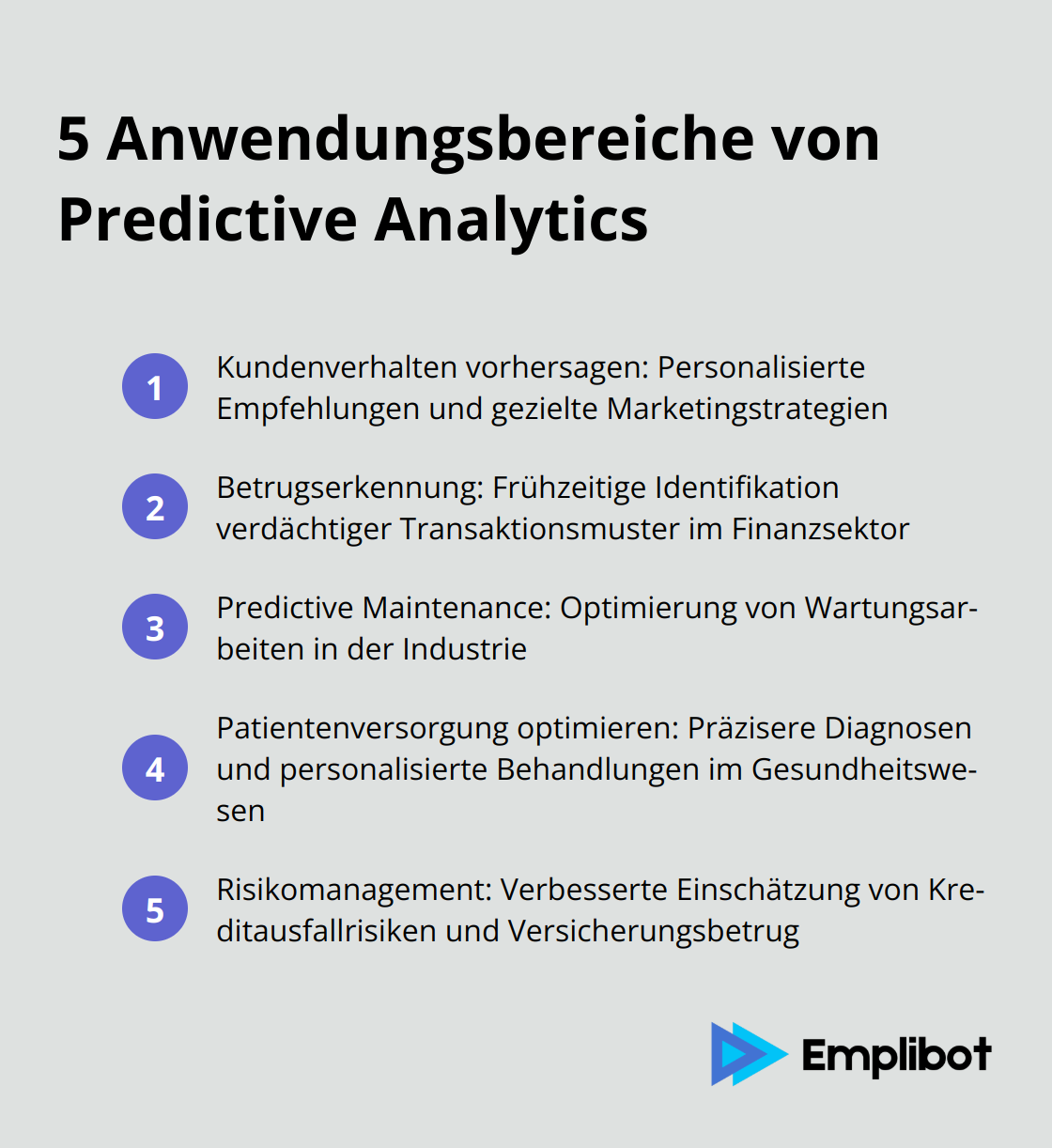Eine geordnete Liste mit 5 Anwendungsbereichen von Predictive Analytics: Kundenverhalten vorhersagen, Betrugserkennung, Predictive Maintenance, Patientenversorgung optimieren und Risikomanagement.
