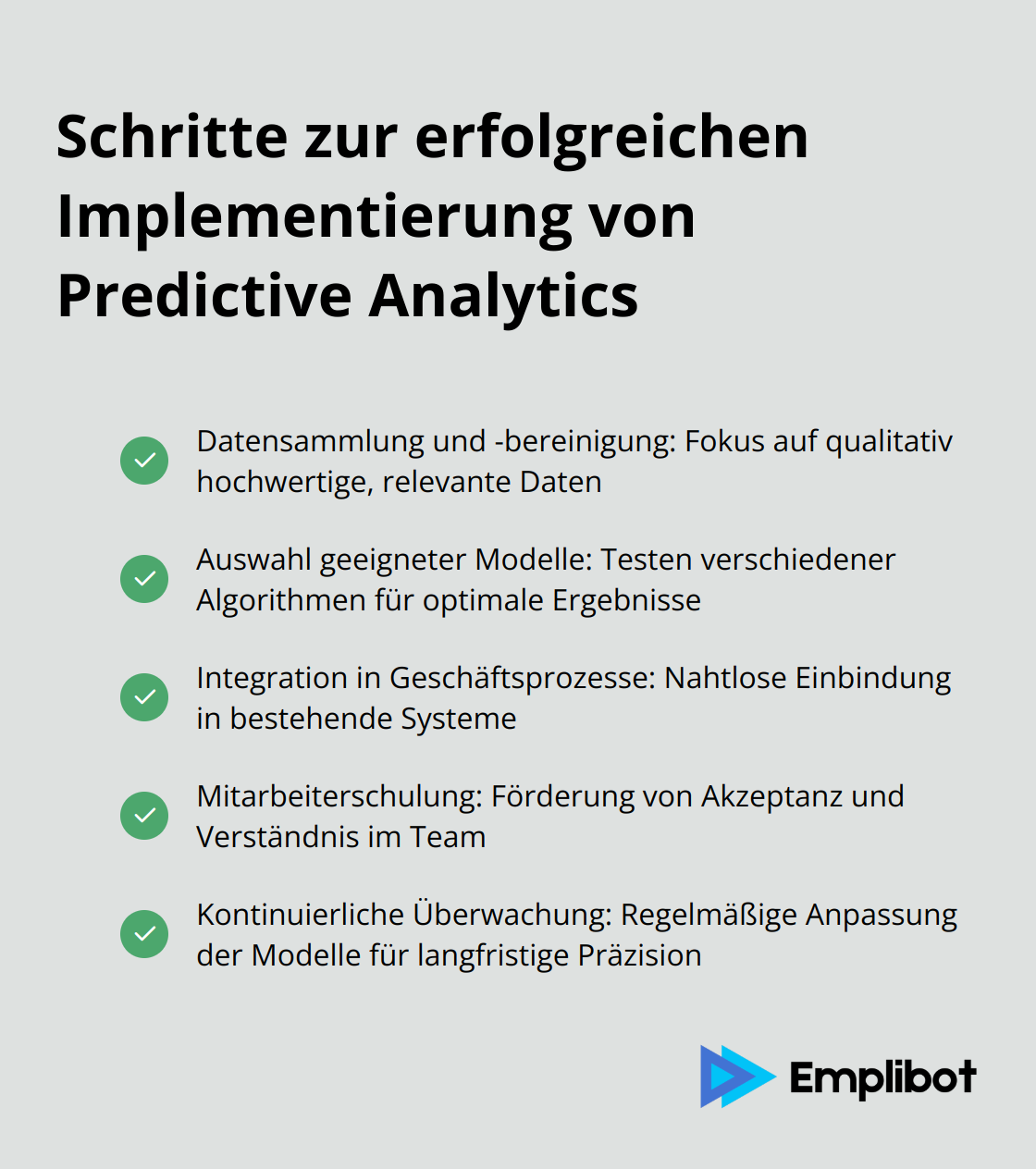 Eine Checkliste mit 5 Schritten zur erfolgreichen Implementierung von Predictive Analytics: Datensammlung und -bereinigung, Auswahl geeigneter Modelle, Integration in Geschäftsprozesse, Mitarbeiterschulung und kontinuierliche Überwachung.