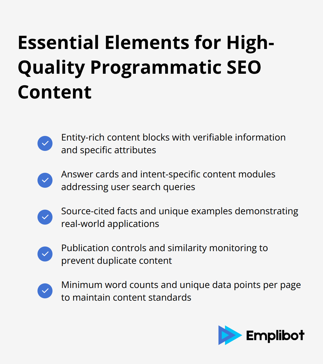 Checklist of crucial components for creating valuable programmatic SEO content that meets Google's quality standards - Programmatic SEO Without Thin Pages