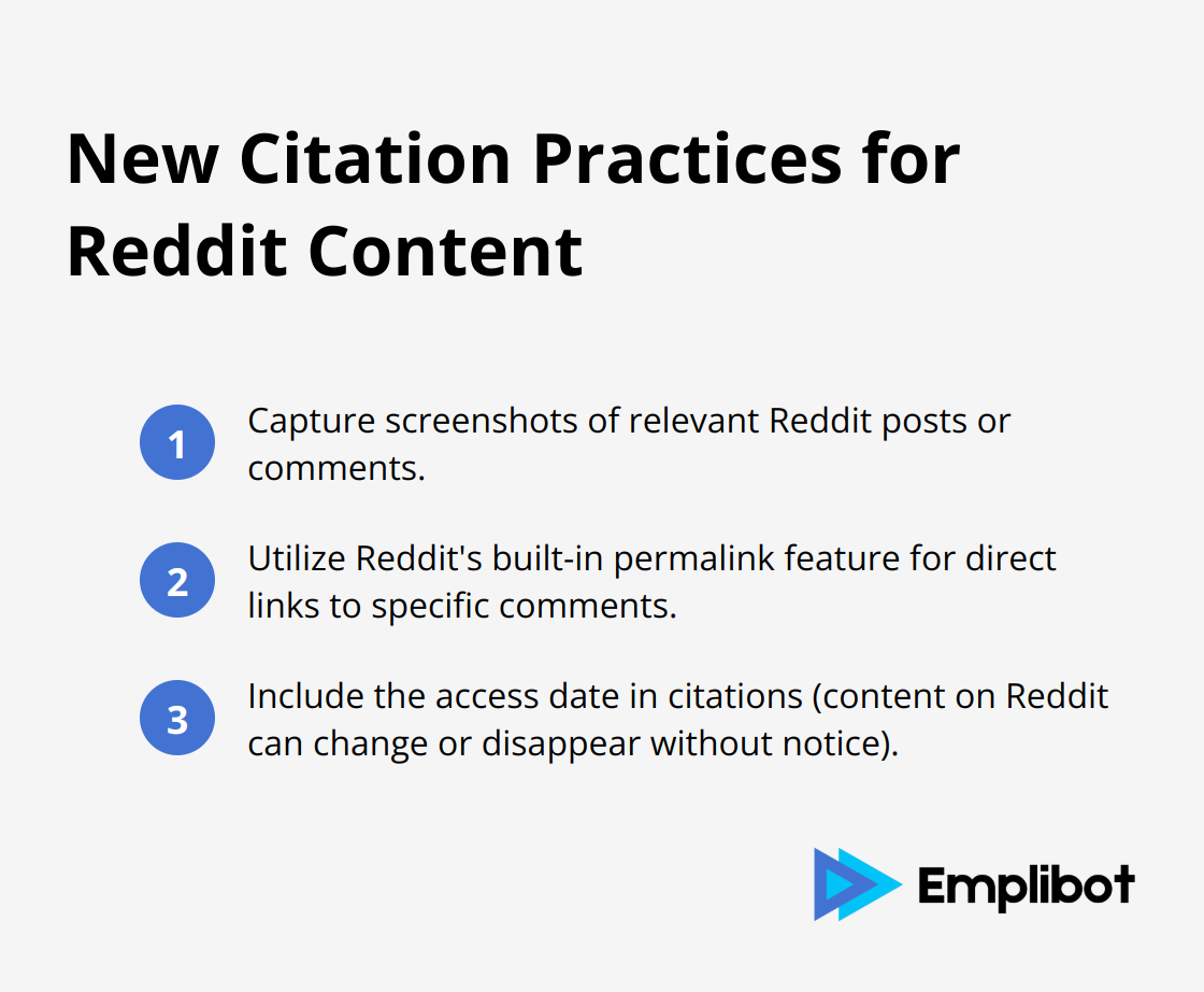 Chart listing three new citation practices for Reddit content: capturing screenshots, using permalink feature, and including access date. - reddit wayback machine