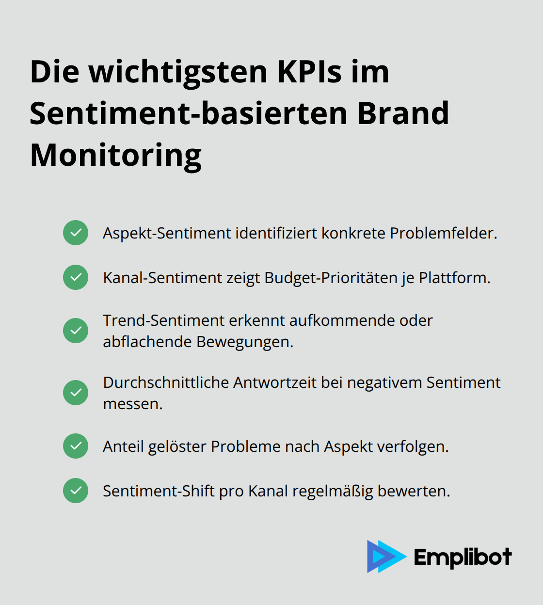 Checkliste zentraler Kennzahlen wie Aspekt-, Kanal- und Trend-Sentiment sowie Reaktionszeit - Sentiment Analysis