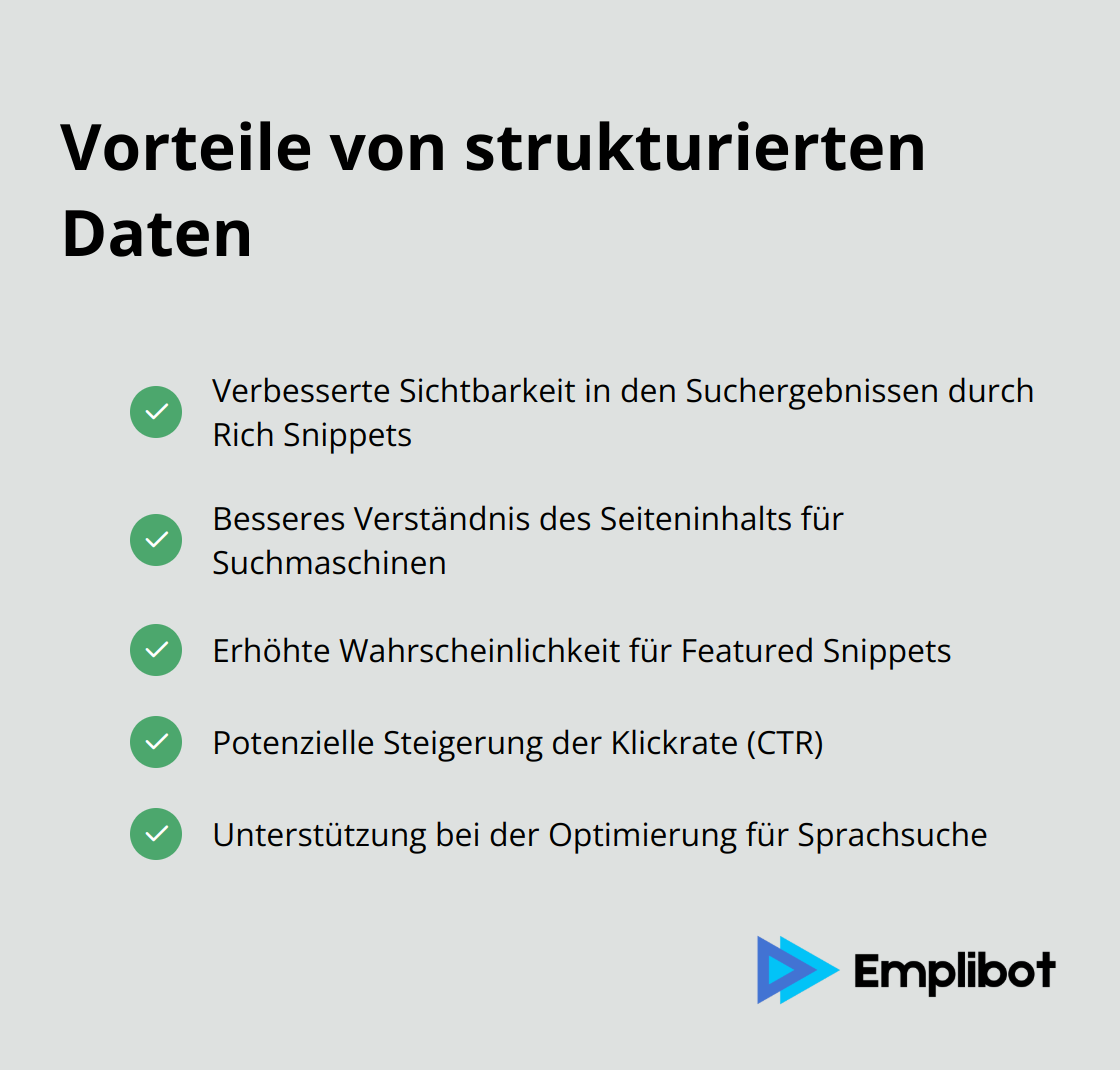 Eine Liste mit Häkchen, die die wichtigsten Vorteile von strukturierten Daten für SEO aufzeigt. - shopify seo checklist
