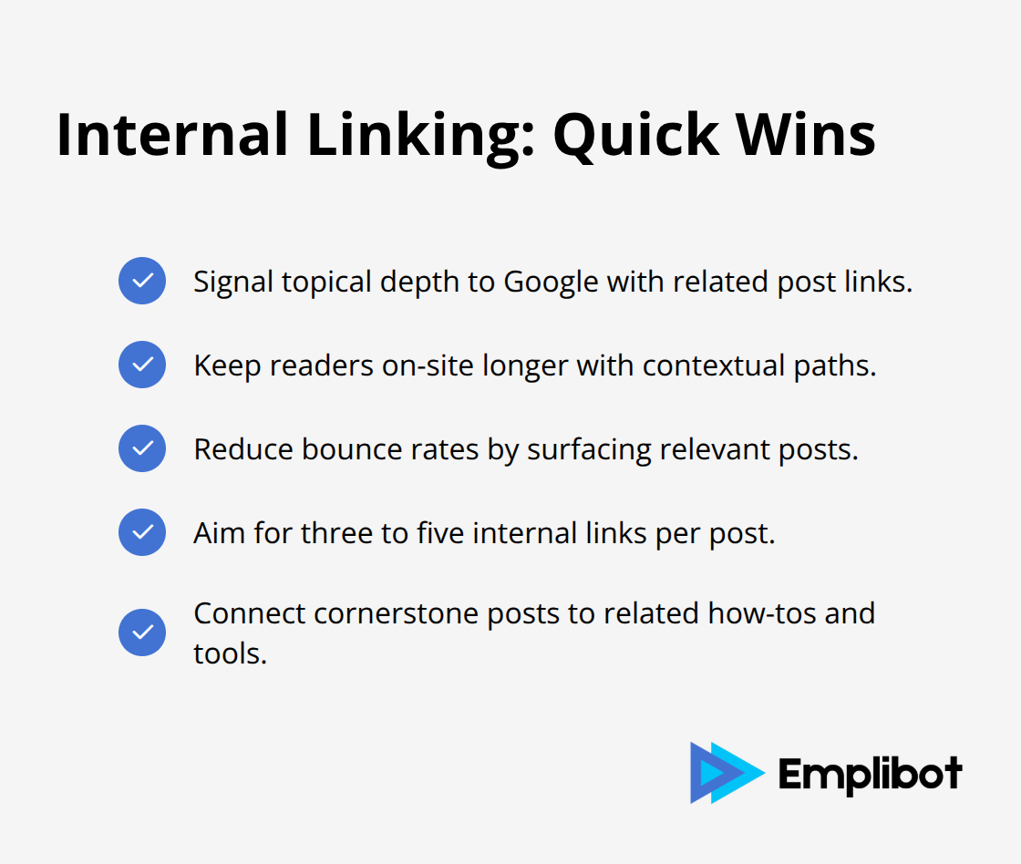 Checkmark list of internal linking benefits and best practices for WordPress blogs - wordpress blog writing