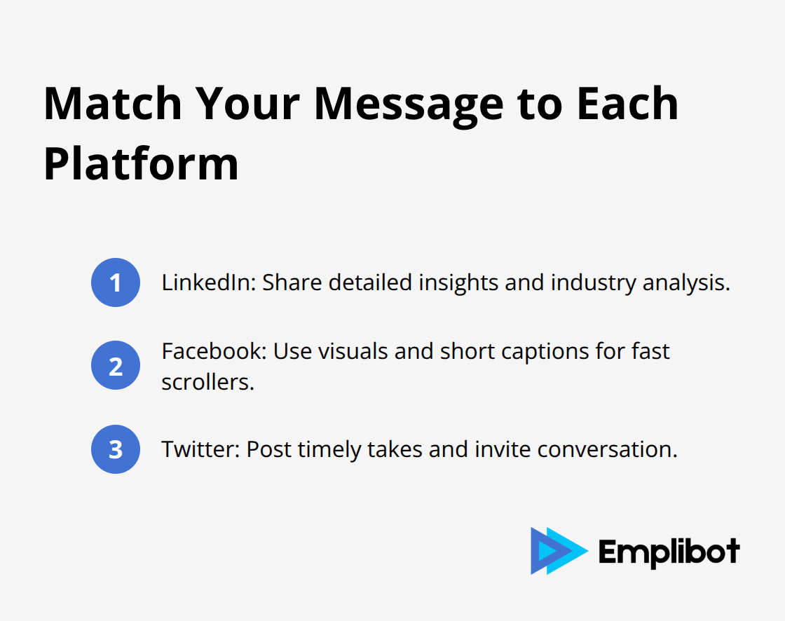 Three-item list summarizing content norms for LinkedIn, Facebook, and Twitter. - wordpress content promotion