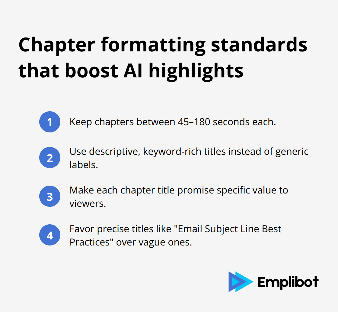Ordered list of chapter formatting best practices for YouTube AI