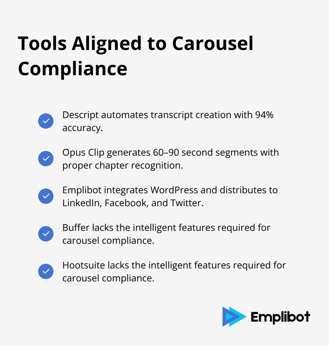 Checkmark list of tools that support AI carousel optimization workflows
